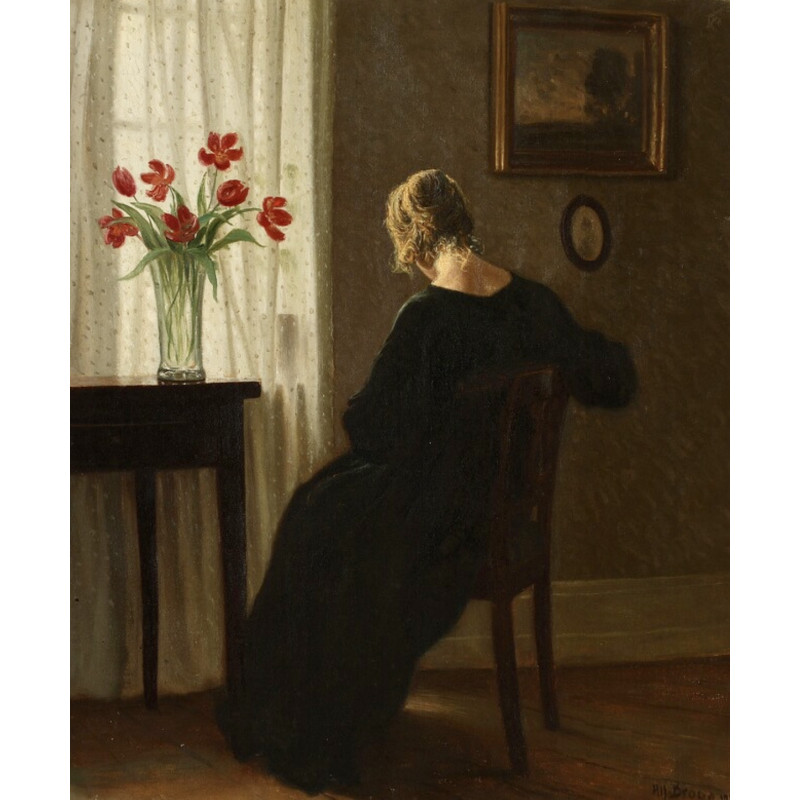 Femme à sa Fenêtre , Hst signée Alfred Broge , 1909